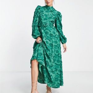 ASOS DESIGN belted maxi skater dress in textured jacquard in green